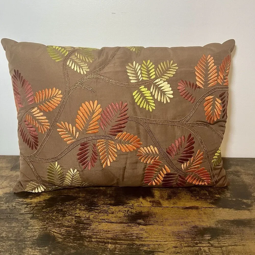 Pier 1 Imports Boho Embroidered Throw Pillow Brown Gold Tan Floral 17”x12” Decor
